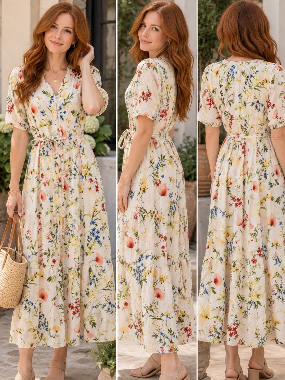 Les Serein Cream Floral Tie-Waist lined Maxi Dress. S